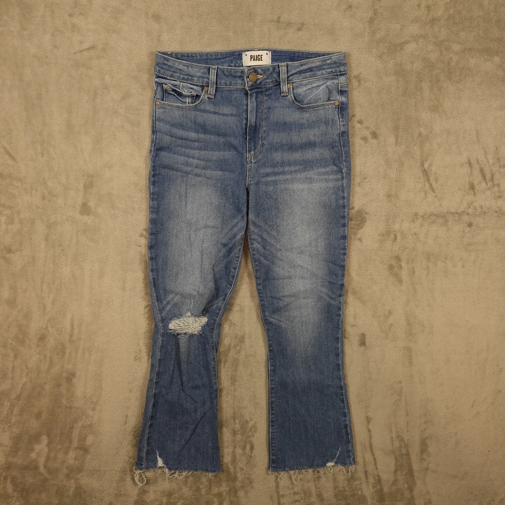 Paige Jeans Rory Crop Flare Women's Size 29 Ariza Destructed Raw Hem Blue Denim